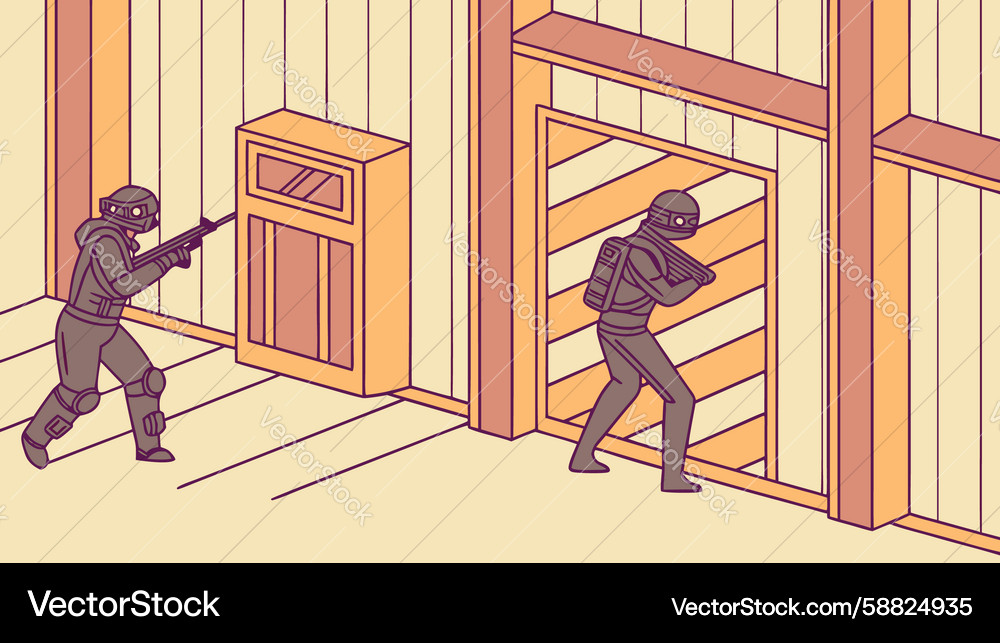 Dynamic action scene with figures and weapons Vector Image