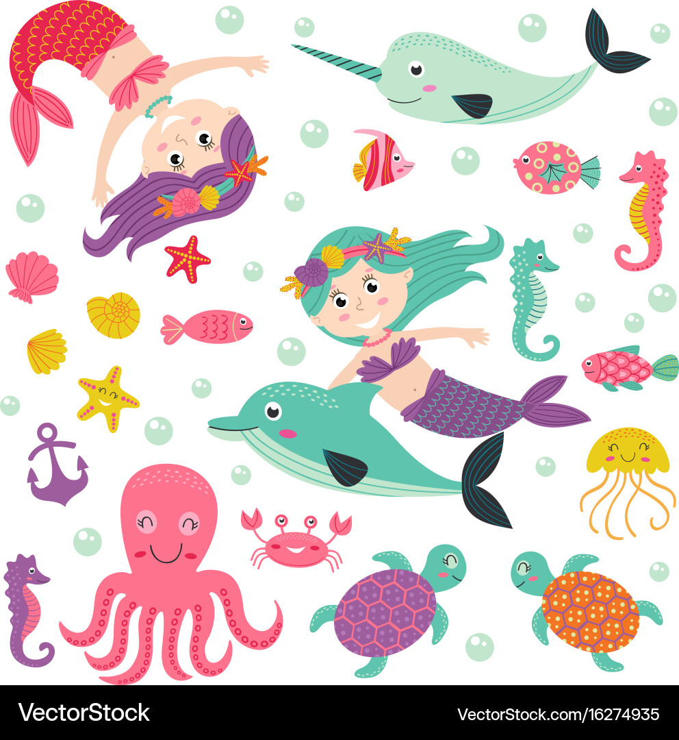 Mermaids and Marine Animals Vector Image