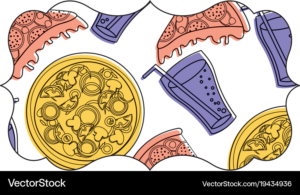 Frame with pizza and soda pattern background Vector Image