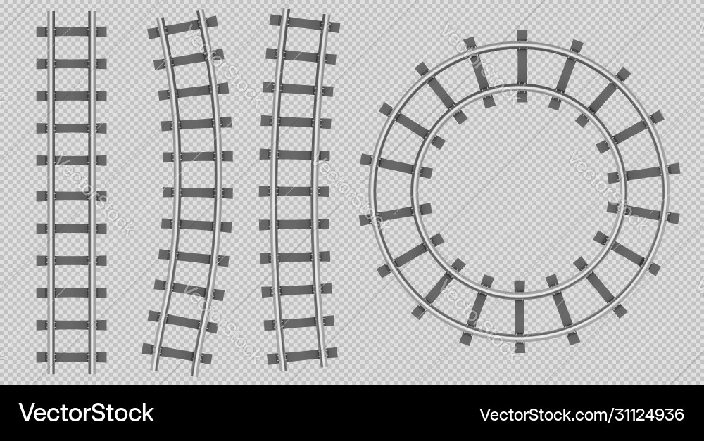 Train rails top view straight curve round path Train rails top view straight curve round path vector image