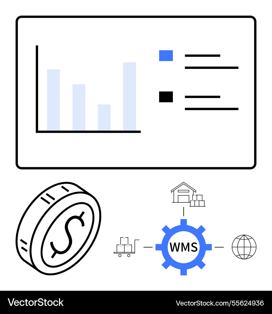 Warehouse management system diagram with bar graph Warehouse management system diagram with bar graph vector image