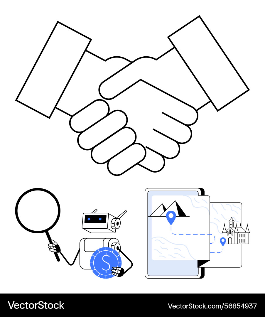Handshake with robot and digital map highlighting Handshake with robot and digital map highlighting Vector Image