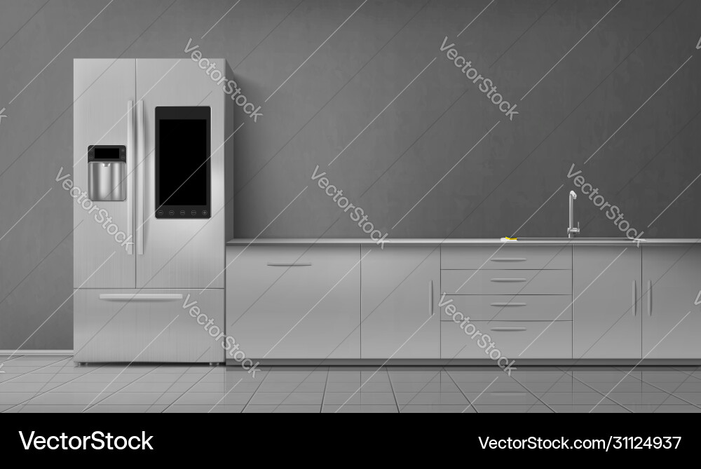 Kitchen interior smart fridge and sink on tabletop Kitchen interior smart fridge and sink on tabletop vector image