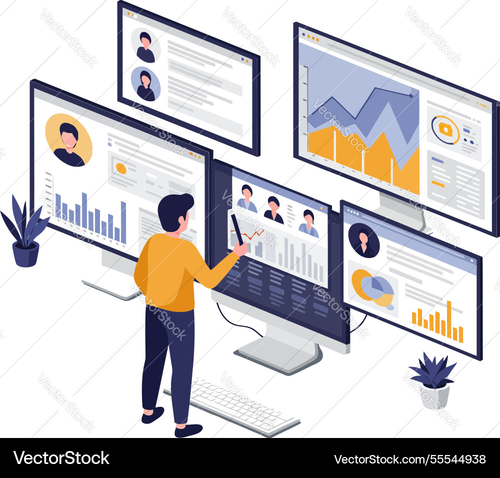 A professional analyzing data on multiple screens A professional analyzing data on multiple screens vector image