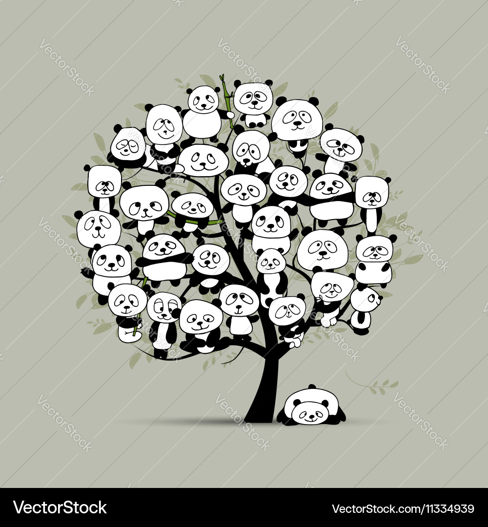 Tree with funny pandas sketch for your design vector image