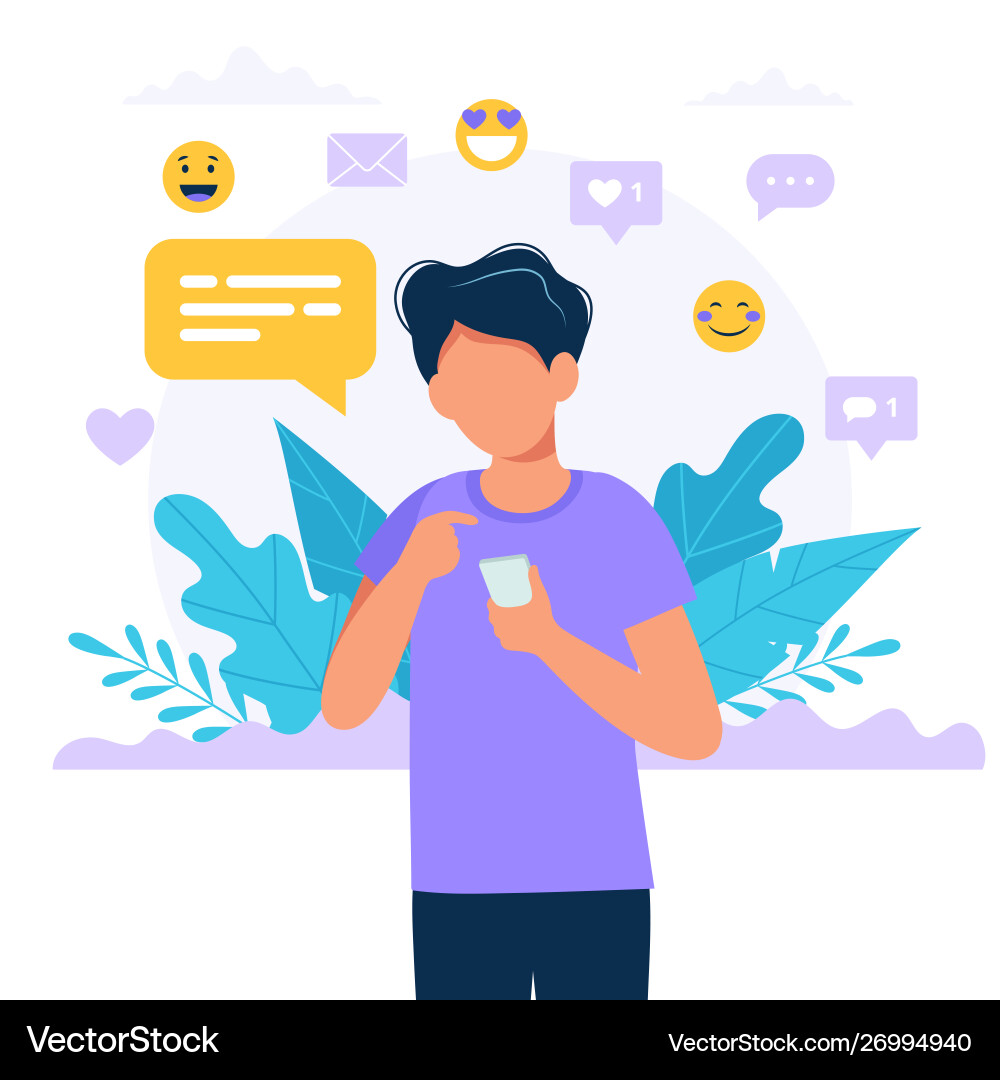 Man texting with a smartphone social media icons Man texting with a smartphone social media icons vector image