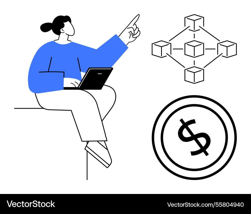 Woman with laptop exploring blockchain networking Vector Image
