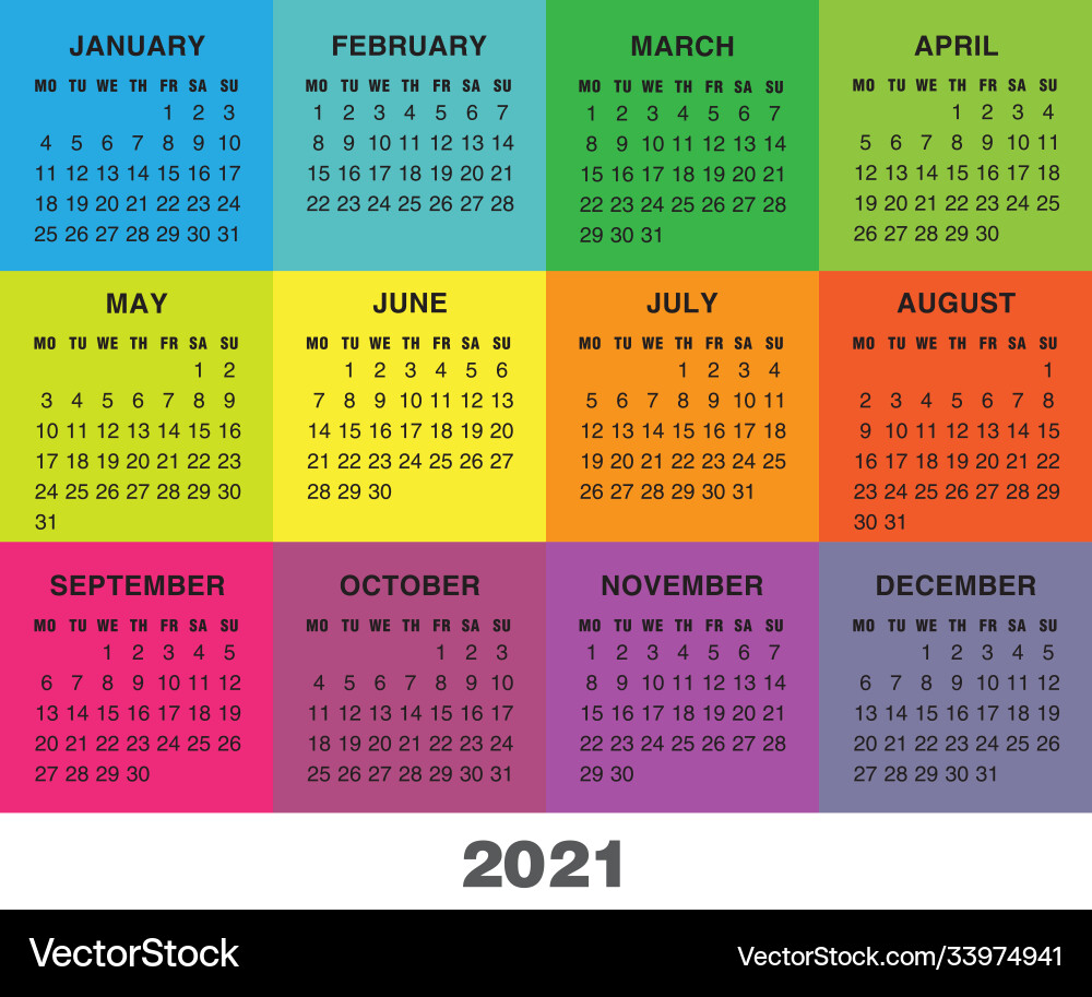 Colorful calendar for 2021 year week starts Colorful calendar for 2021 year week starts vector image