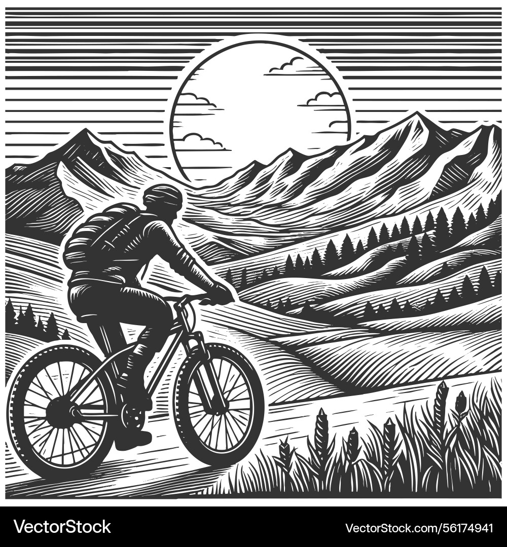 Cyclist admiring mountain landscape in nature Cyclist admiring mountain landscape in nature Vector Image