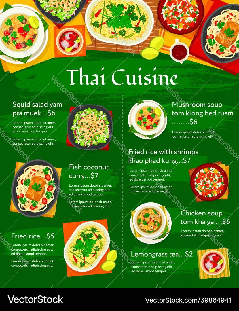 Thai cuisine menu template thailand meals Thai cuisine menu template thailand meals vector image