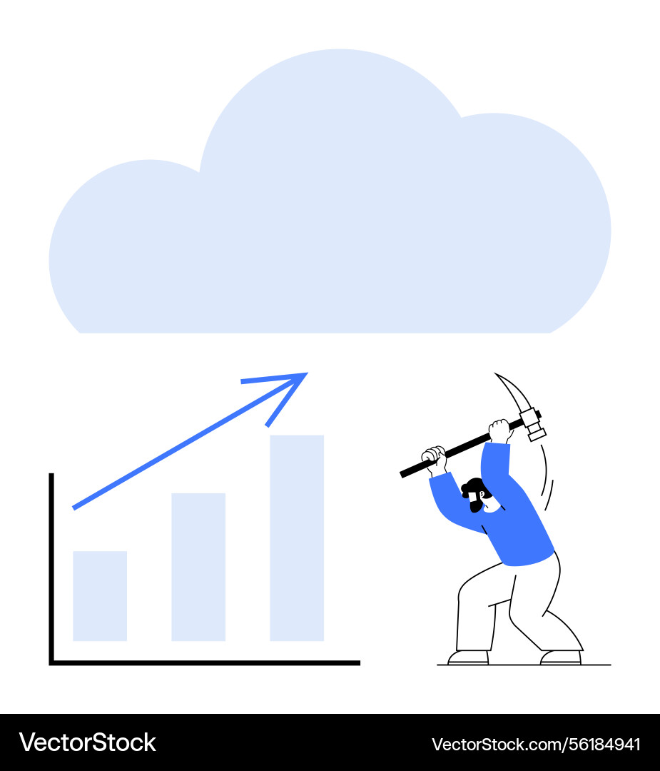 Worker mining data with pickaxe beneath cloud Worker mining data with pickaxe beneath cloud vector image