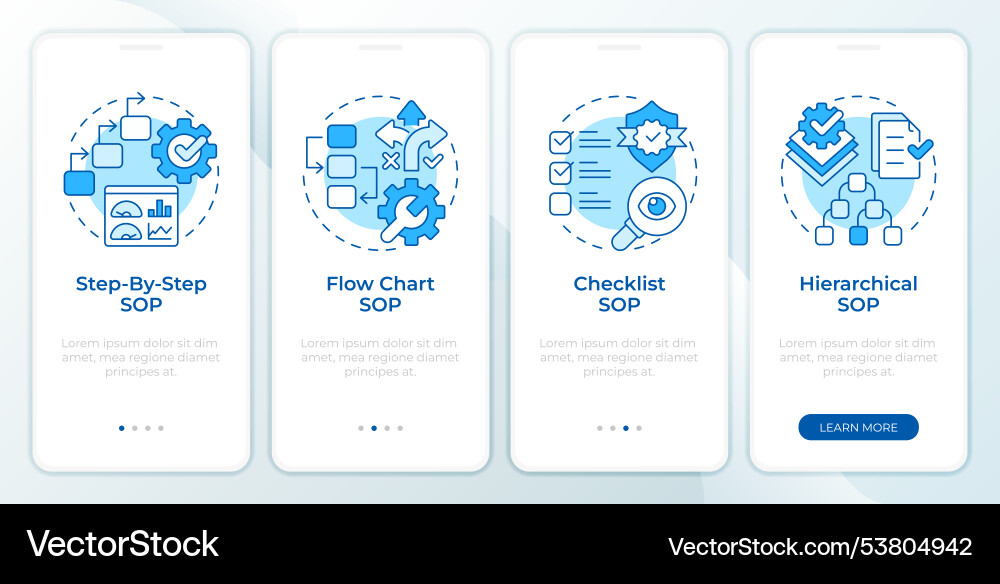 Types of sop blue onboarding mobile app screen Types of sop blue onboarding mobile app screen vector image