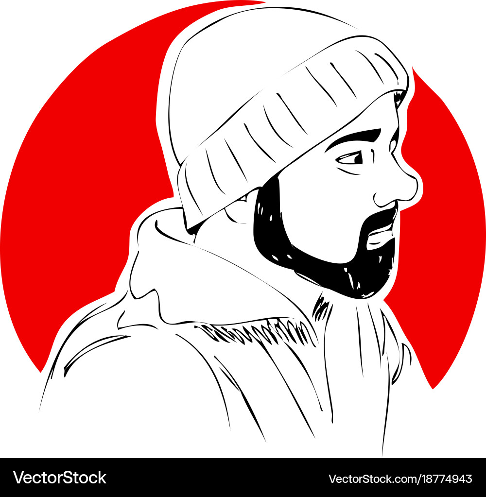 Man with beard in hat on red background one line Vector Image