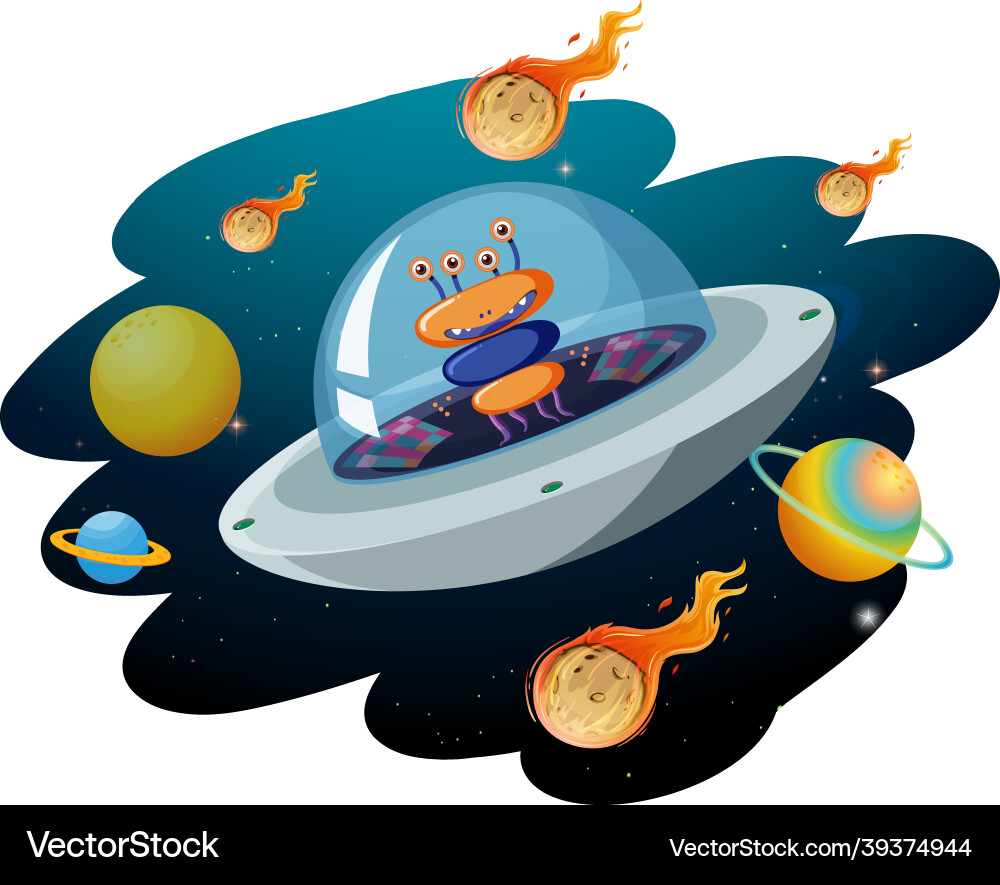 Alien in ufo with many planets and asteroids Alien in ufo with many planets and asteroids vector image