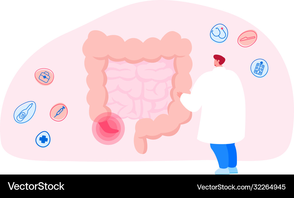 Doctor or medic character stand at huge human Doctor or medic character stand at huge human vector image