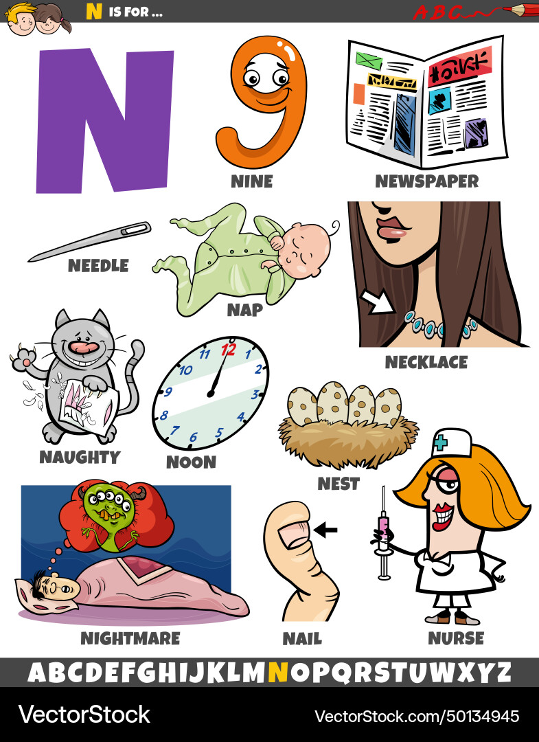 Letter n set with cartoon objects and characters Letter n set with cartoon objects and characters vector image