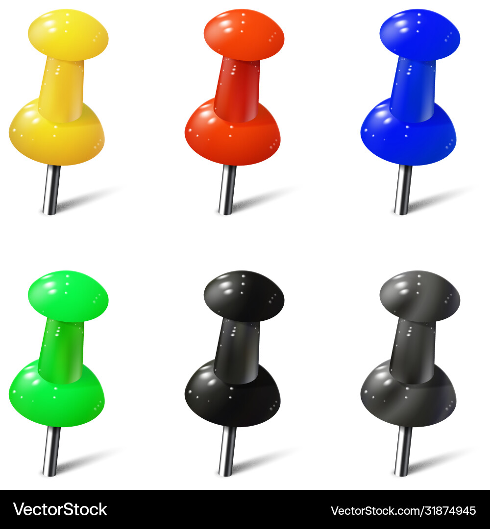 Set realistic push pins in different colors Set realistic push pins in different colors Vector Image