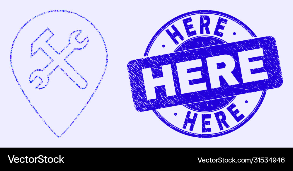 Blue distress here seal and service map pointer Vector Image
