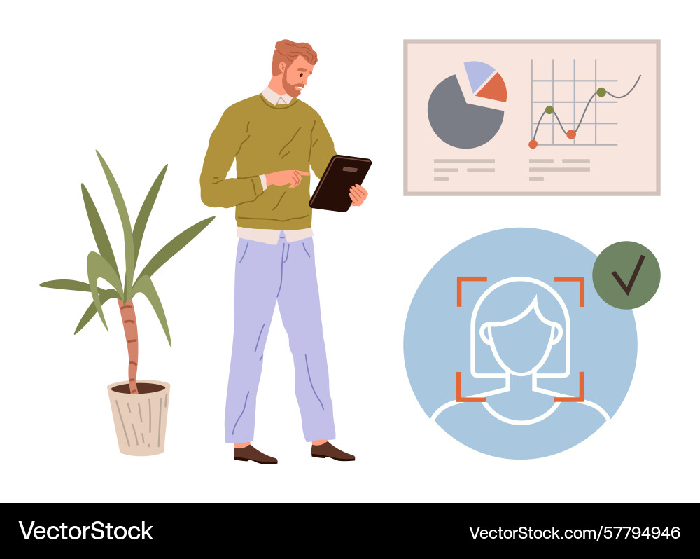 Man reviewing data on tablet beside analytics Man reviewing data on tablet beside analytics Vector Image
