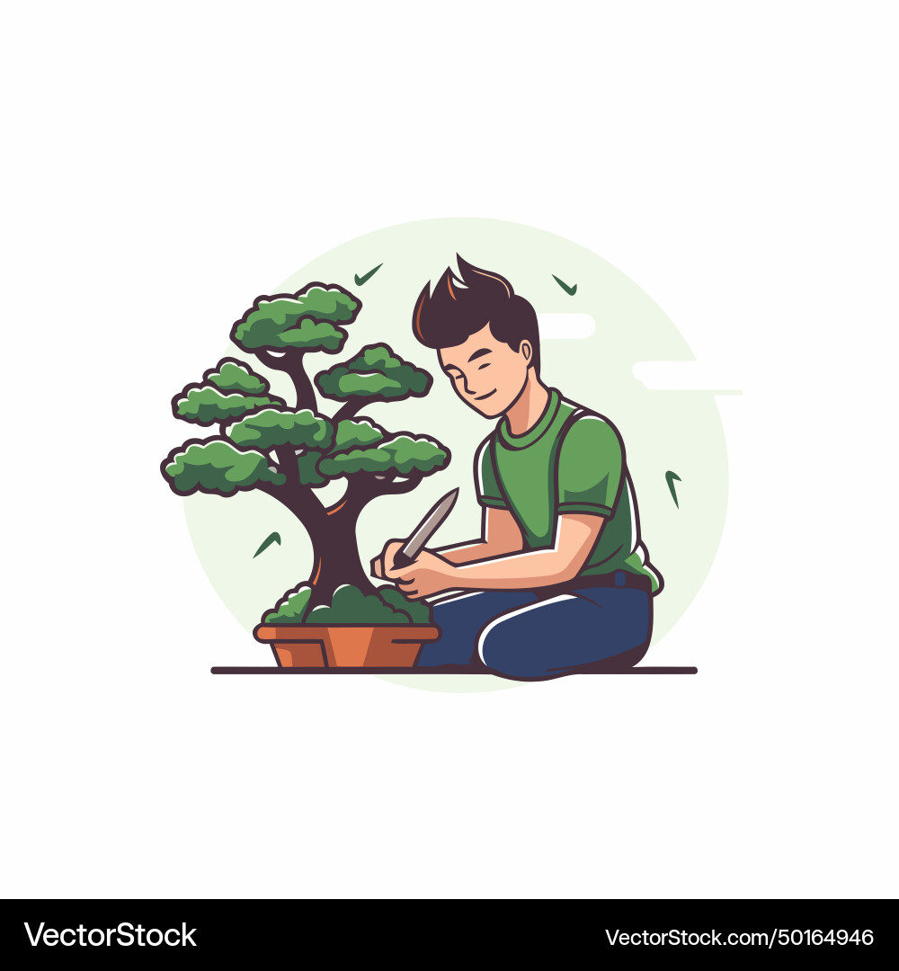 Man working with bonsai tree in flat style Vector Image