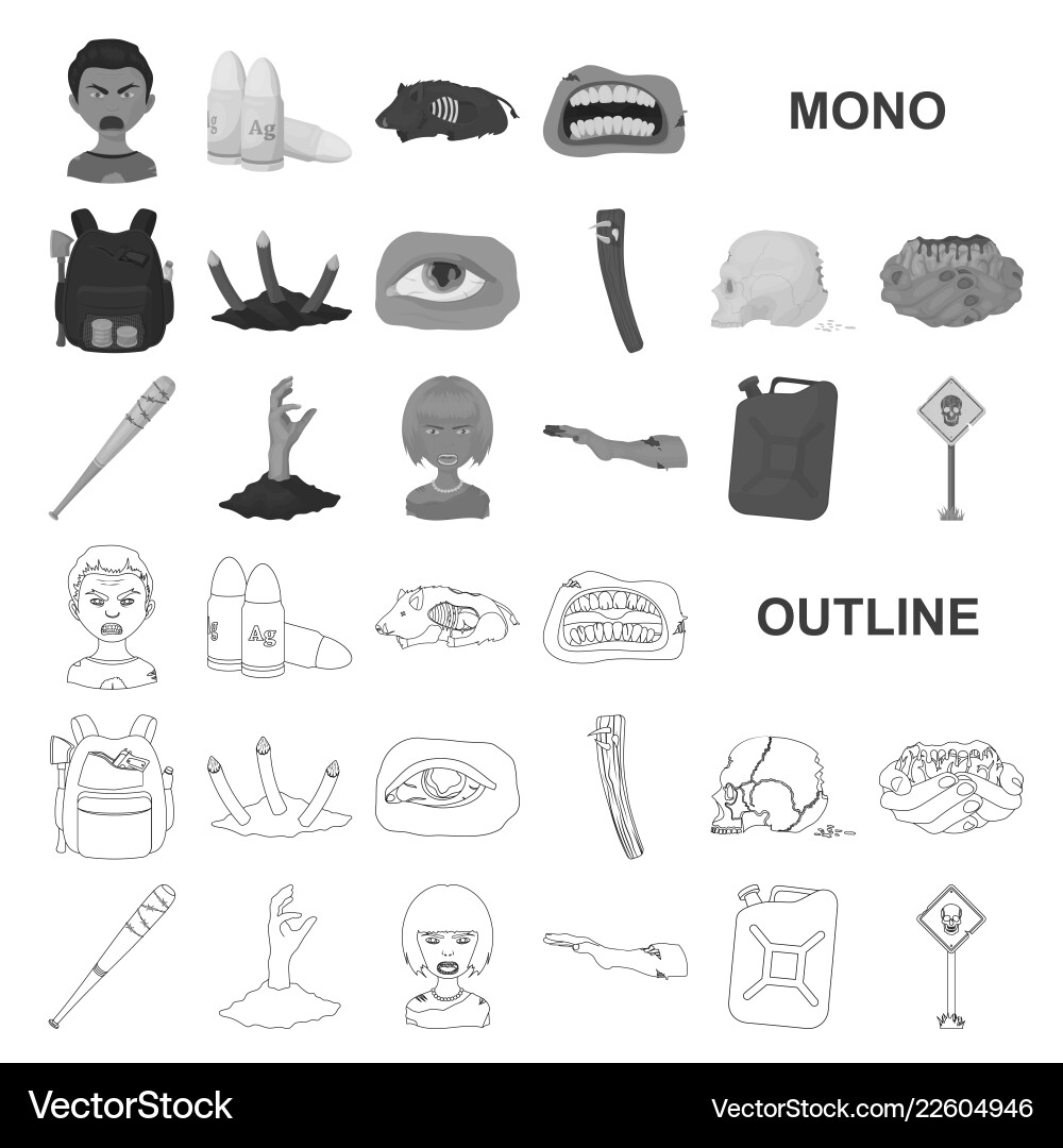 Zombies and attributes monochrom icons in set Vector Image