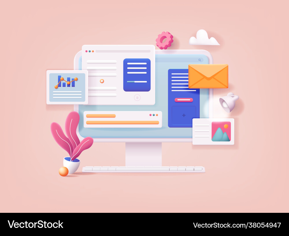 3D Web Page Template - Computer & Landing vector image