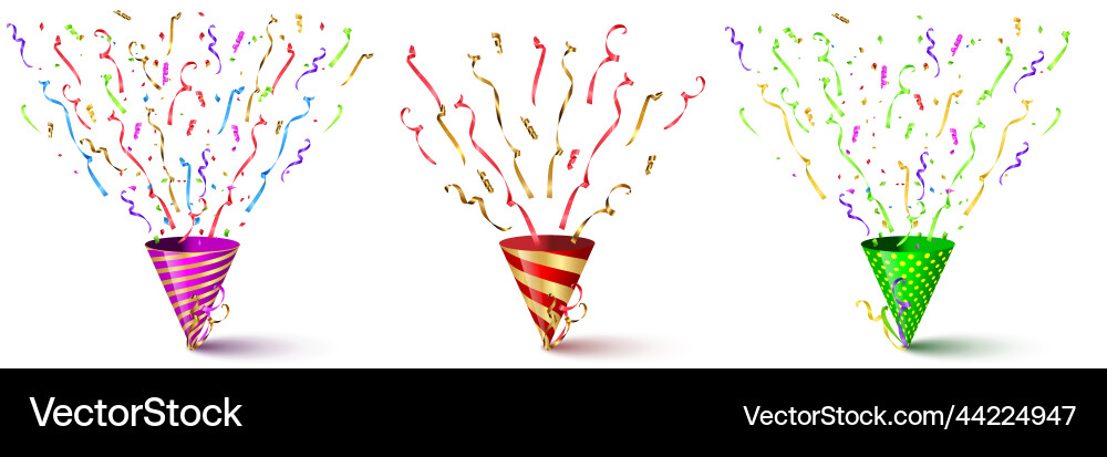Different party cones with exploding serpentine Vector Image