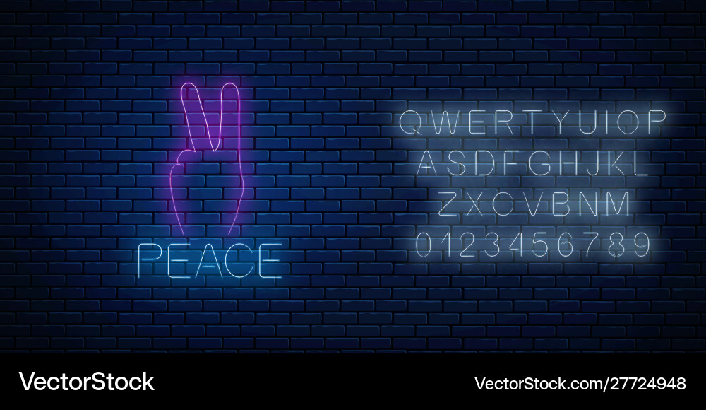 Glowing neon sign peace gesture with alphabet Glowing neon sign peace gesture with alphabet Vector Image