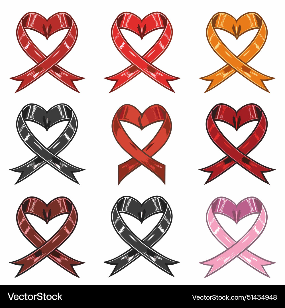 Nine heartshaped ribbons representing different Vector Image
