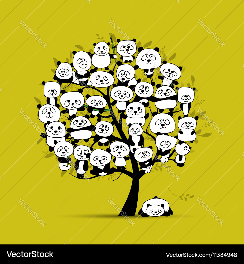 Tree with funny pandas sketch for your design vector image