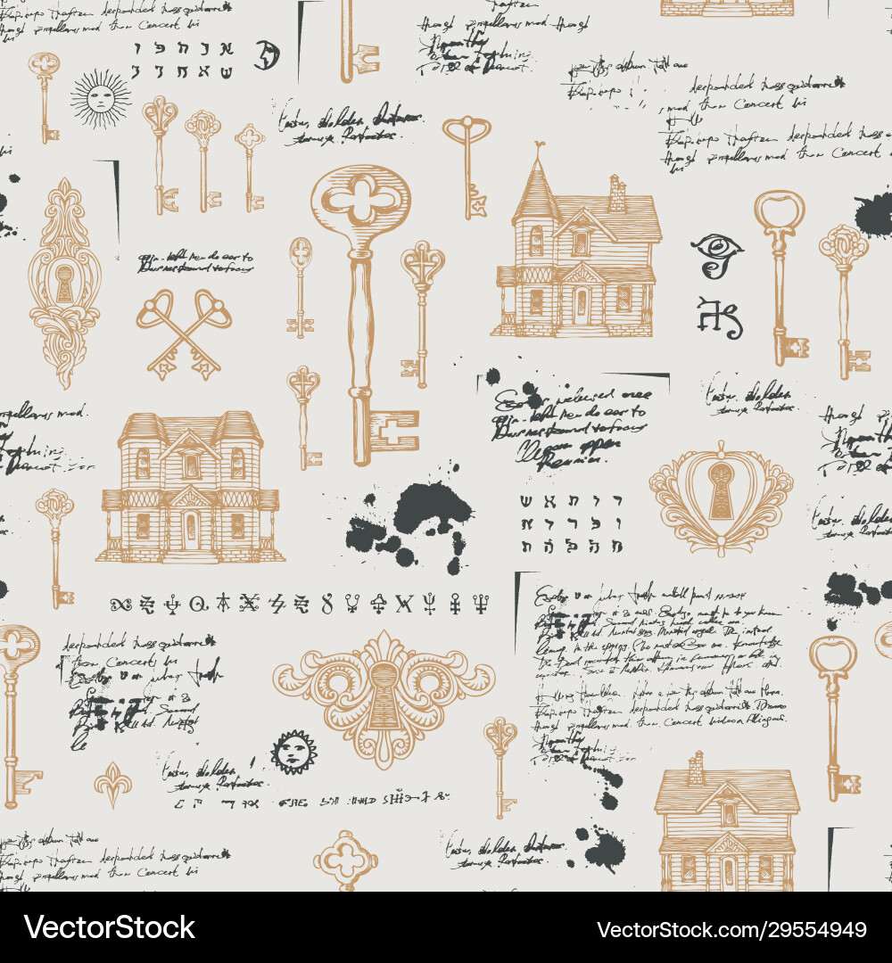 Abstract seamless pattern with old houses and keys Abstract seamless pattern with old houses and keys vector image