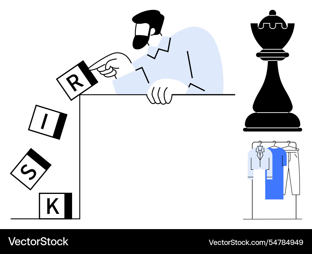 Man strategizing with falling risk blocks beside Vector Image