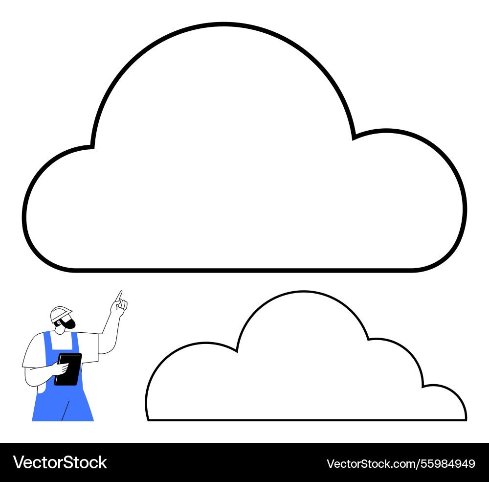 Worker with tablet pointing at large cloud Vector Image