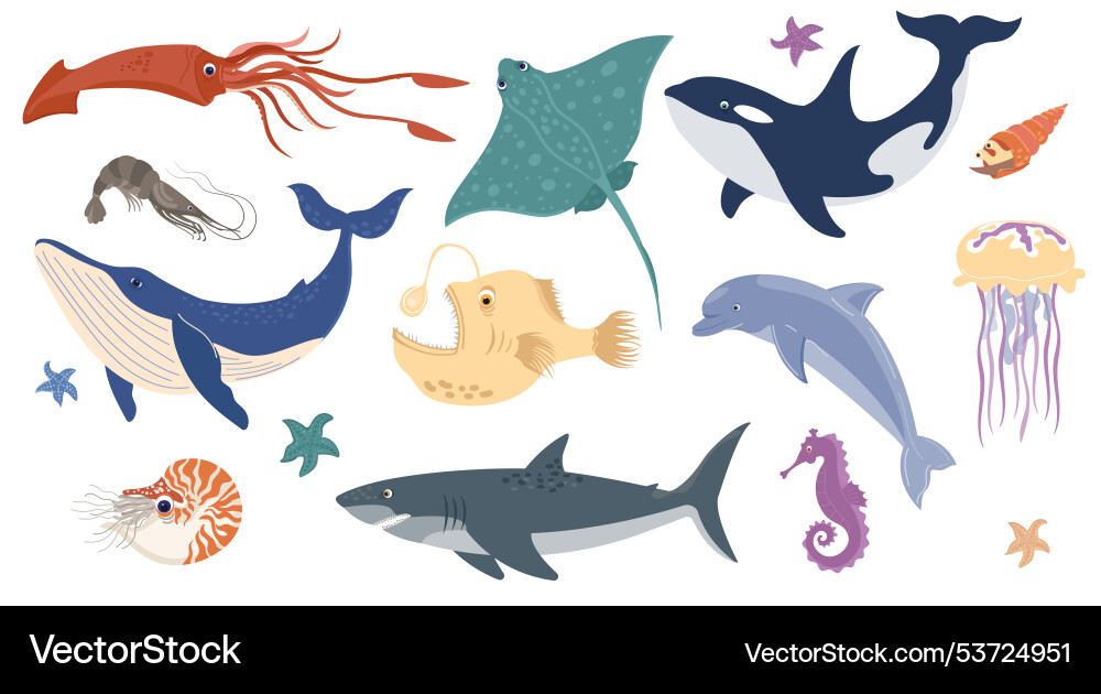Set of different sea animals isolated objects Vector Image