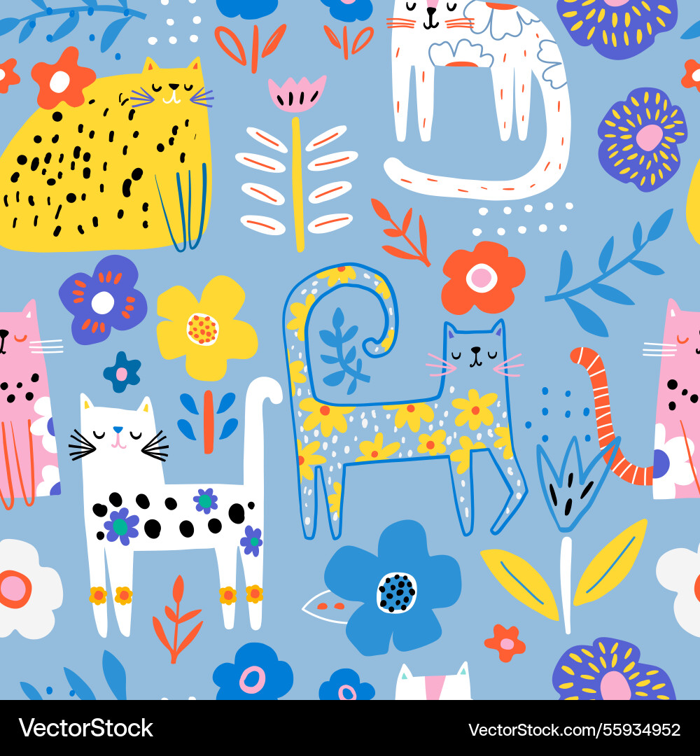 Charming Floral Cat Pattern Vector Image