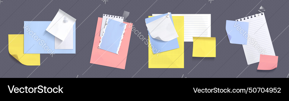 Memo note paper sheets with adhesive tape and pins Vector Image