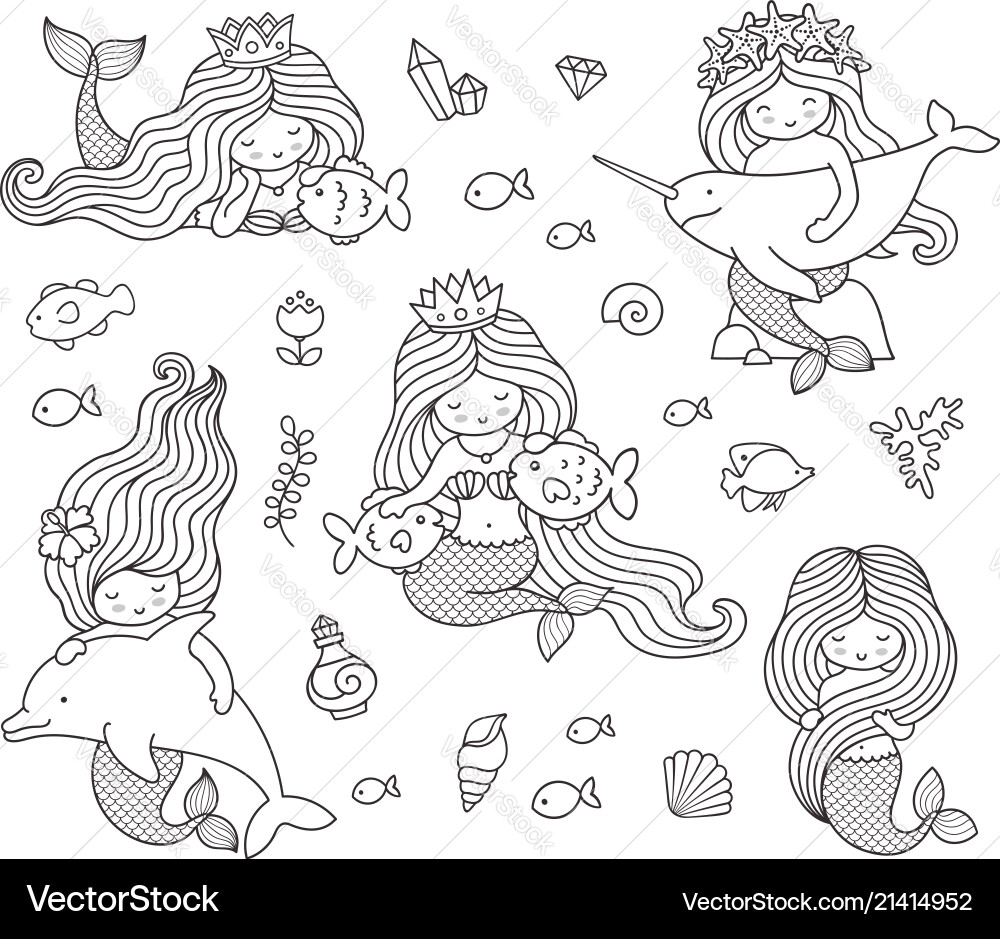 Mermaids with Marine Animals Vector Image