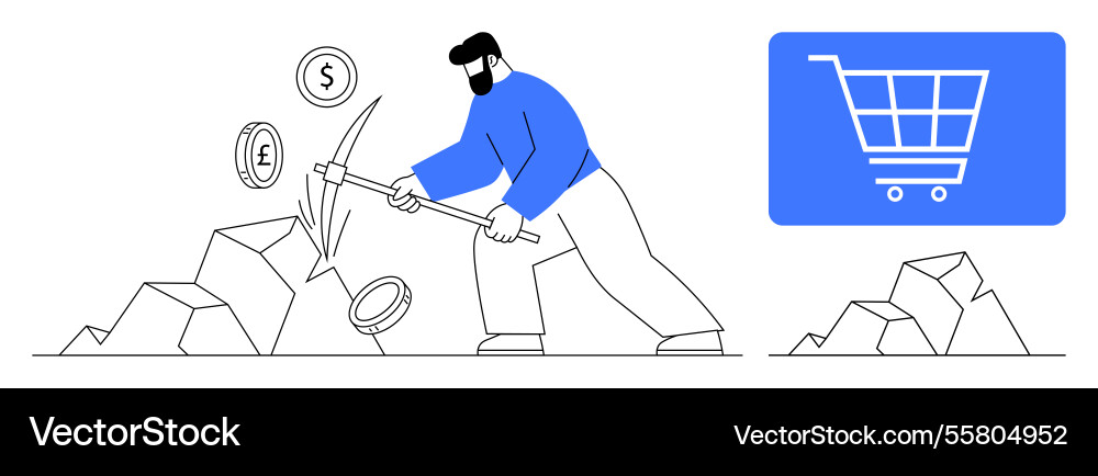 Mining currency with pickaxe highlighting e Mining currency with pickaxe highlighting e vector image