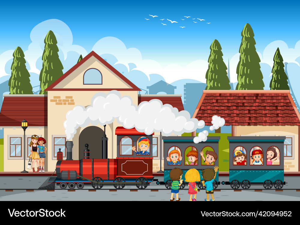 Scene with children riding train in city Scene with children riding train in city vector image