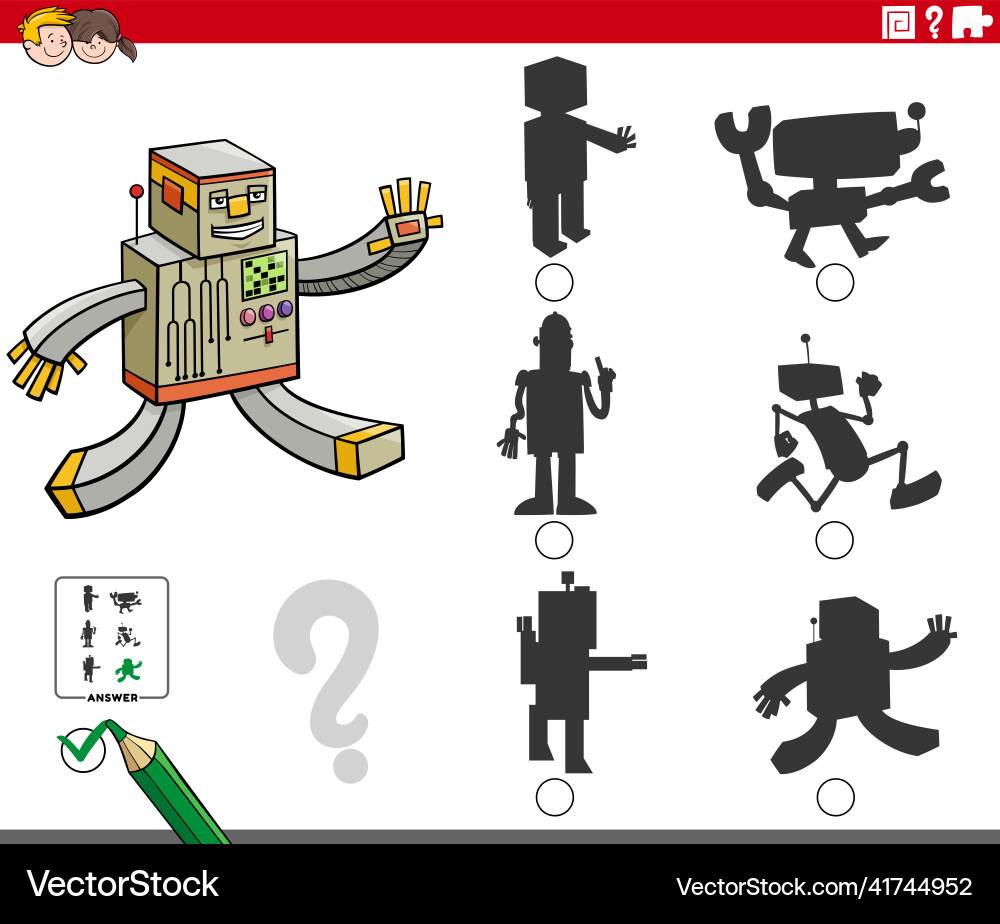 Shadows game with cartoon robots characters Shadows game with cartoon robots characters vector image