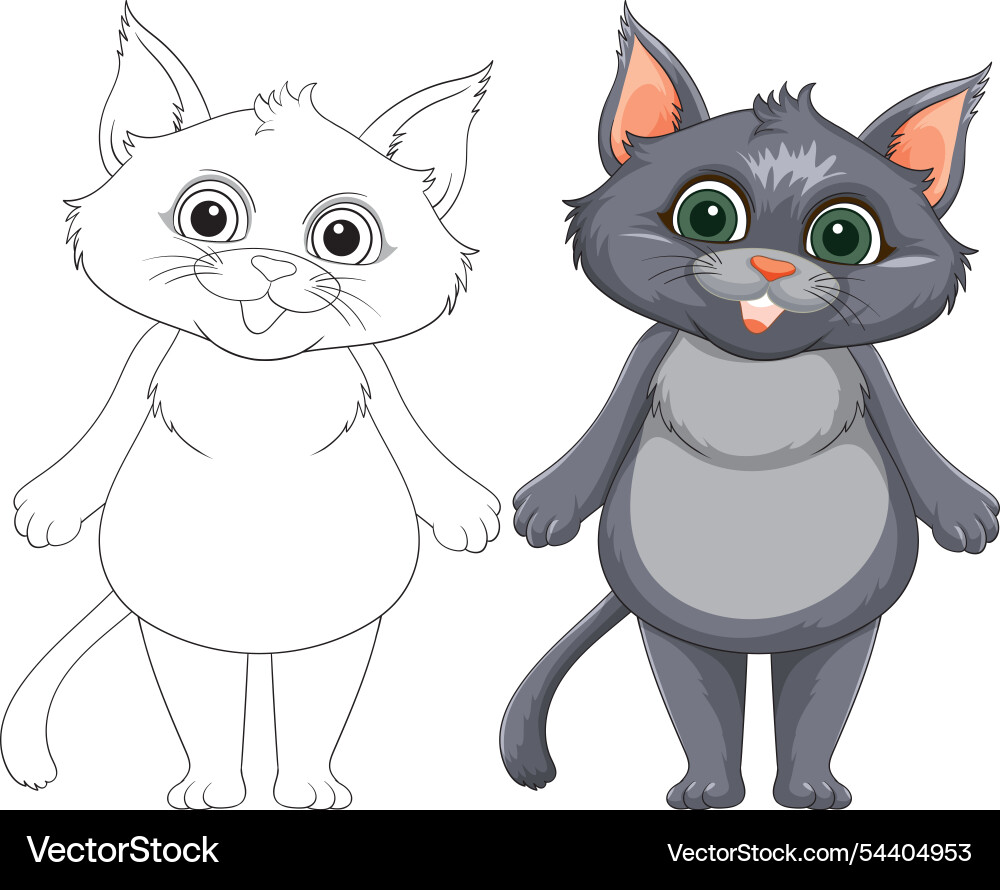 Adorable cat with outline and colored versions Vector Image