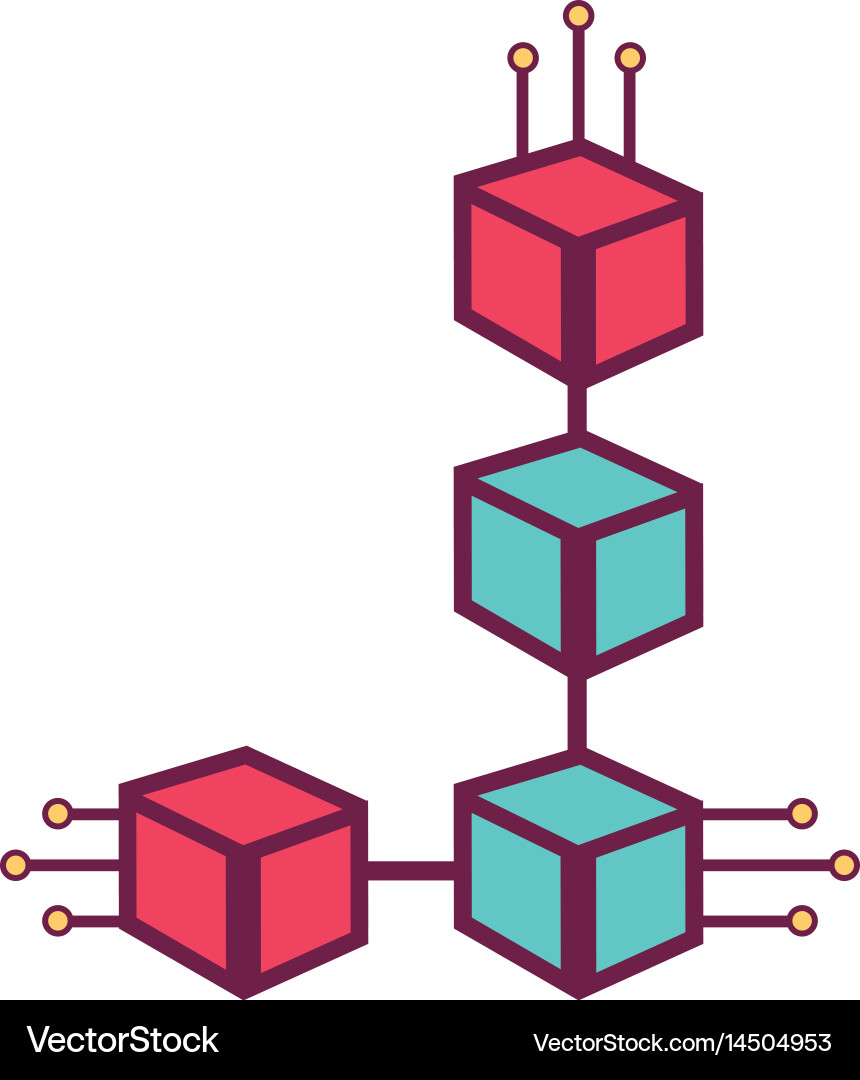 Cube with circuits network of communicatig bitcoin Vector Image