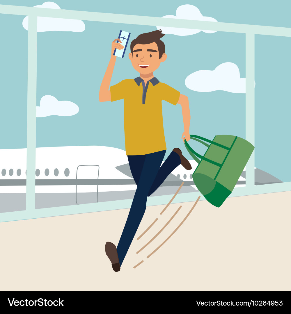 Man with bag late for the plane Vector Image