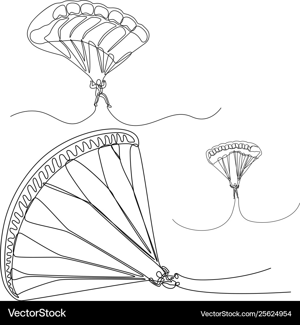 Continuous line set parachutist skydivers vector image