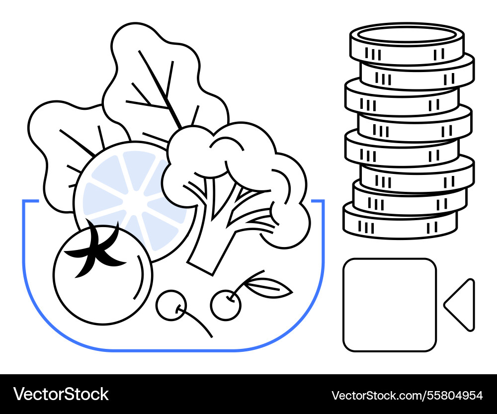 Fresh vegetables with coin stack representing Fresh vegetables with coin stack representing vector image