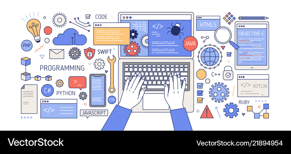 Hands Coding auf Computer - Tech Banner vektorbild