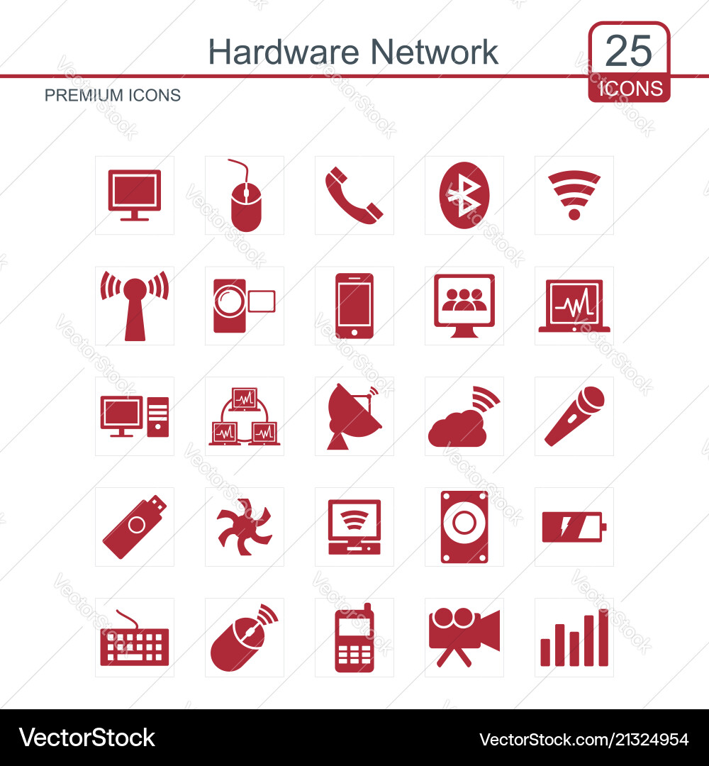 Hardware network icons set red Vector Image