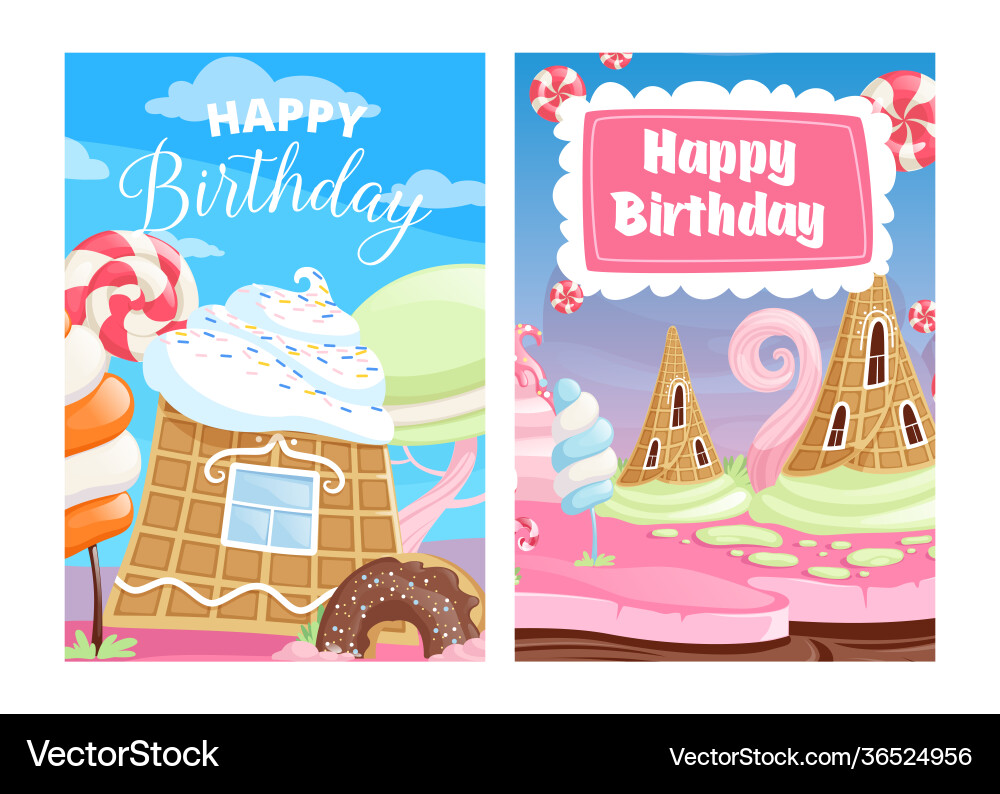 Happy birthday cards sweet candy cake lollipops Happy birthday cards sweet candy cake lollipops vector image