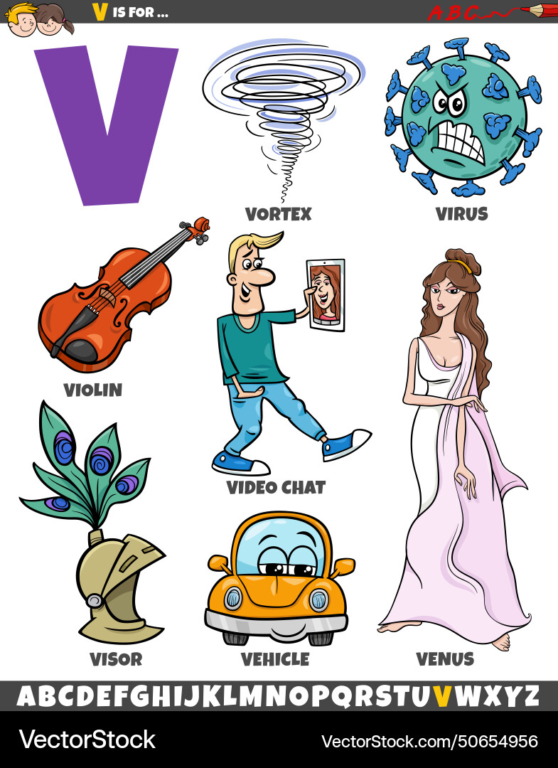 Letter v set with cartoon objects and characters vector image
