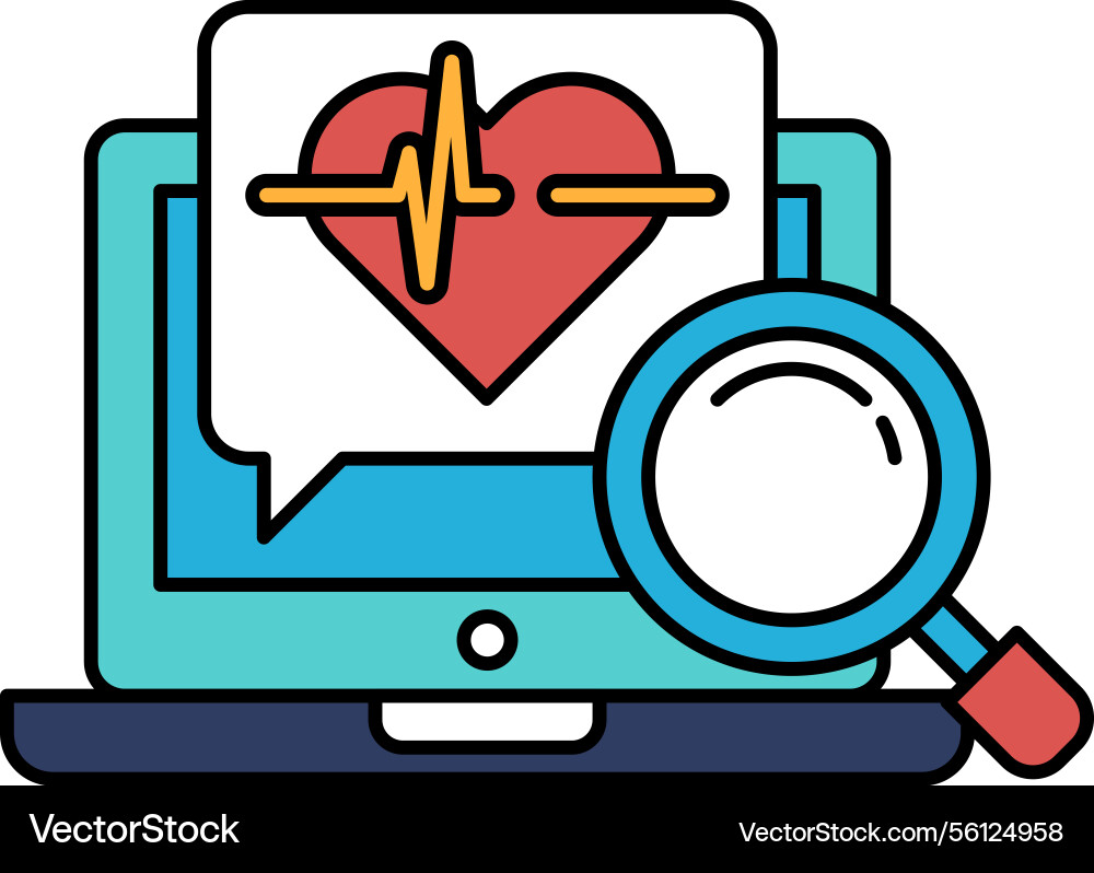 A computer monitor with heart and magnifying vector image